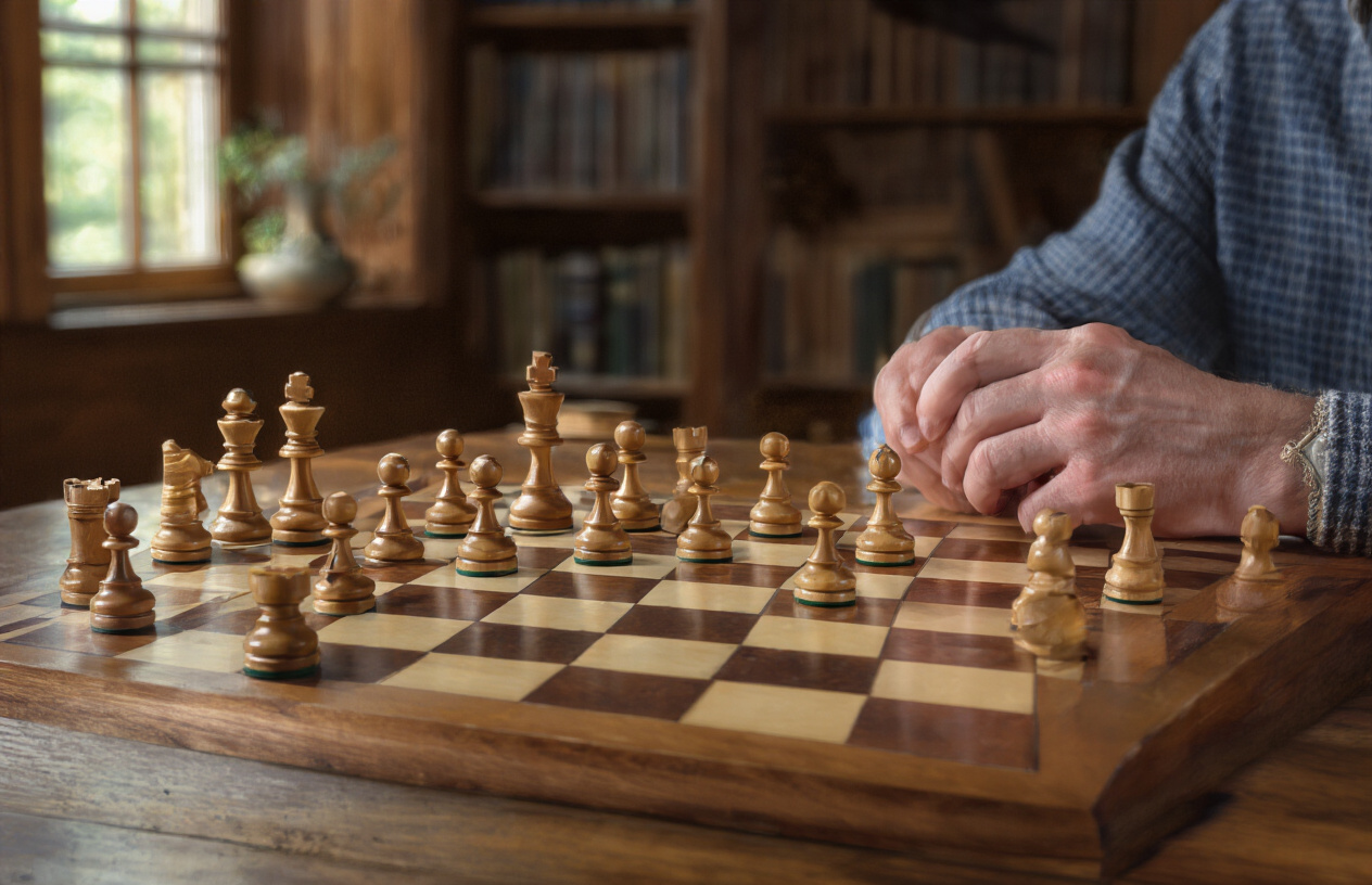 Create a realistic image of a close-up view of a chess board mid-game with wooden chess pieces strategically positioned, showing a player's hands hovering thoughtfully over the board as if analyzing their next move, with soft natural lighting from a window casting gentle shadows across the board, warm indoor setting with blurred background suggesting a study or library environment, capturing the essence of deep concentration and strategic thinking. Absolutely NO text should be in the scene.