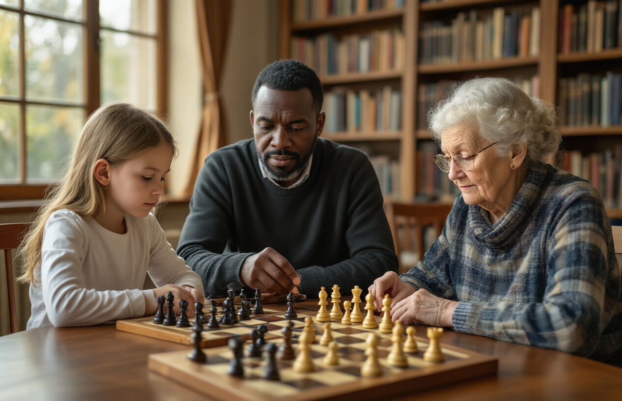 Create a realistic image of a diverse group showing different age ranges engaged in chess activities: a young white female child around 8 years old concentrating on a chess move, a middle-aged black male in his 40s teaching chess strategy, and an elderly white female senior around 70 years old playing chess with a calm expression, all positioned around wooden chess boards with chess pieces in various game positions, set in a warm library environment with bookshelves in the background, soft natural lighting from windows creating a focused and educational atmosphere, absolutely NO text should be in the scene.