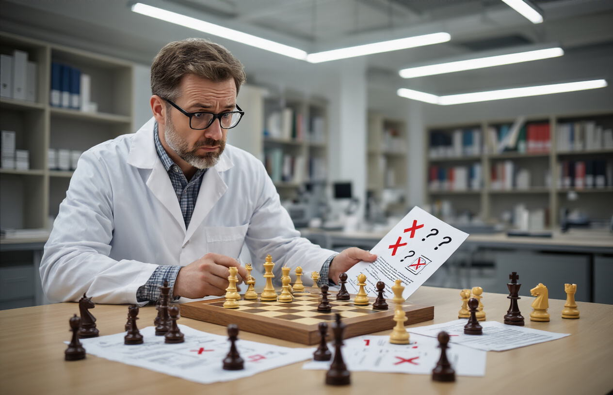 Create a realistic image of a chess board with some chess pieces knocked over or scattered, alongside a concerned-looking white male researcher in his 40s wearing glasses and a lab coat, examining documents with question marks and red X marks visible on papers, set in a modern research office with bookshelves and scientific equipment in the background, under bright fluorescent lighting creating a clinical atmosphere that suggests doubt and critical examination, absolutely NO text should be in the scene.