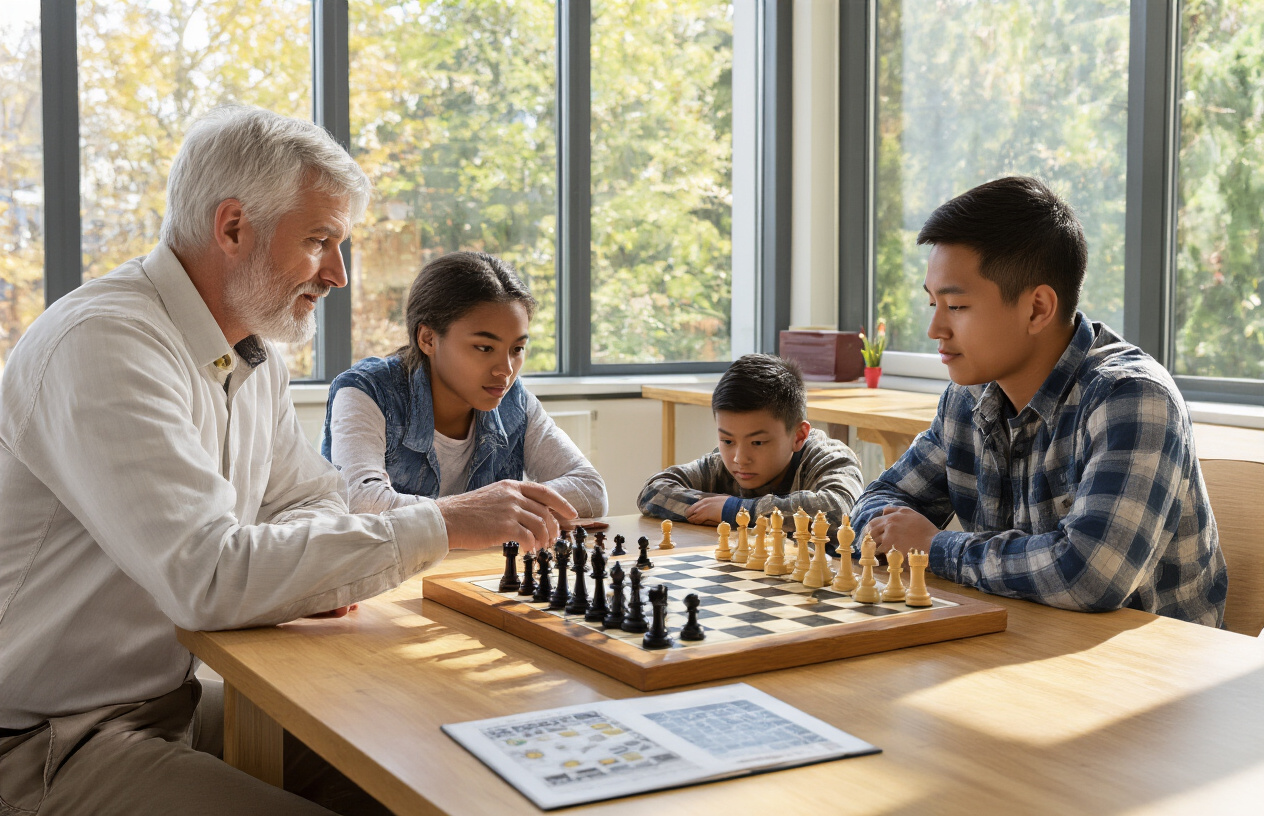 Create a realistic image of a diverse group of people around a wooden chess table in a bright, modern learning environment, with a white male adult teaching chess strategies to a black female teenager and an Asian male child, chess pieces positioned mid-game on the board, educational chess diagrams and training materials visible on nearby surfaces, warm natural lighting streaming through windows, focused and engaged expressions showing concentrated learning, brain training concept subtly represented through the organized, academic atmosphere. Absolutely NO text should be in the scene.