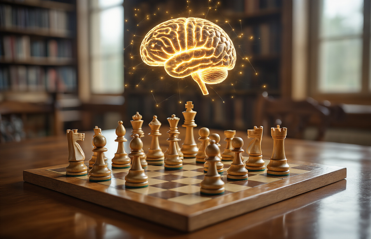 Create a realistic image of a chess board with wooden chess pieces in mid-game position on a polished wooden table, with a human brain made of translucent material glowing softly with neural pathways visible as golden light threads, positioned floating above the chess board, warm ambient lighting creating a thoughtful atmosphere in a study room with blurred bookshelves in the background, conveying the connection between strategic thinking and cognitive enhancement, absolutely NO text should be in the scene.