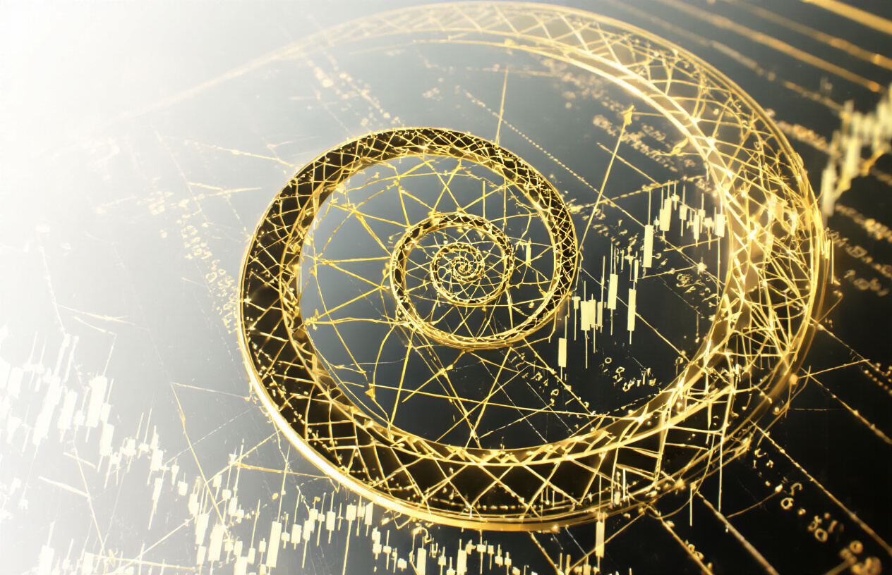 Create a realistic image of a golden spiral overlay on a financial chart with stock market candlesticks and price movements, featuring the Fibonacci golden ratio mathematical proportions visually represented through geometric lines and curves, set against a dark professional trading interface background with subtle golden lighting highlighting the spiral pattern, absolutely NO text should be in the scene.