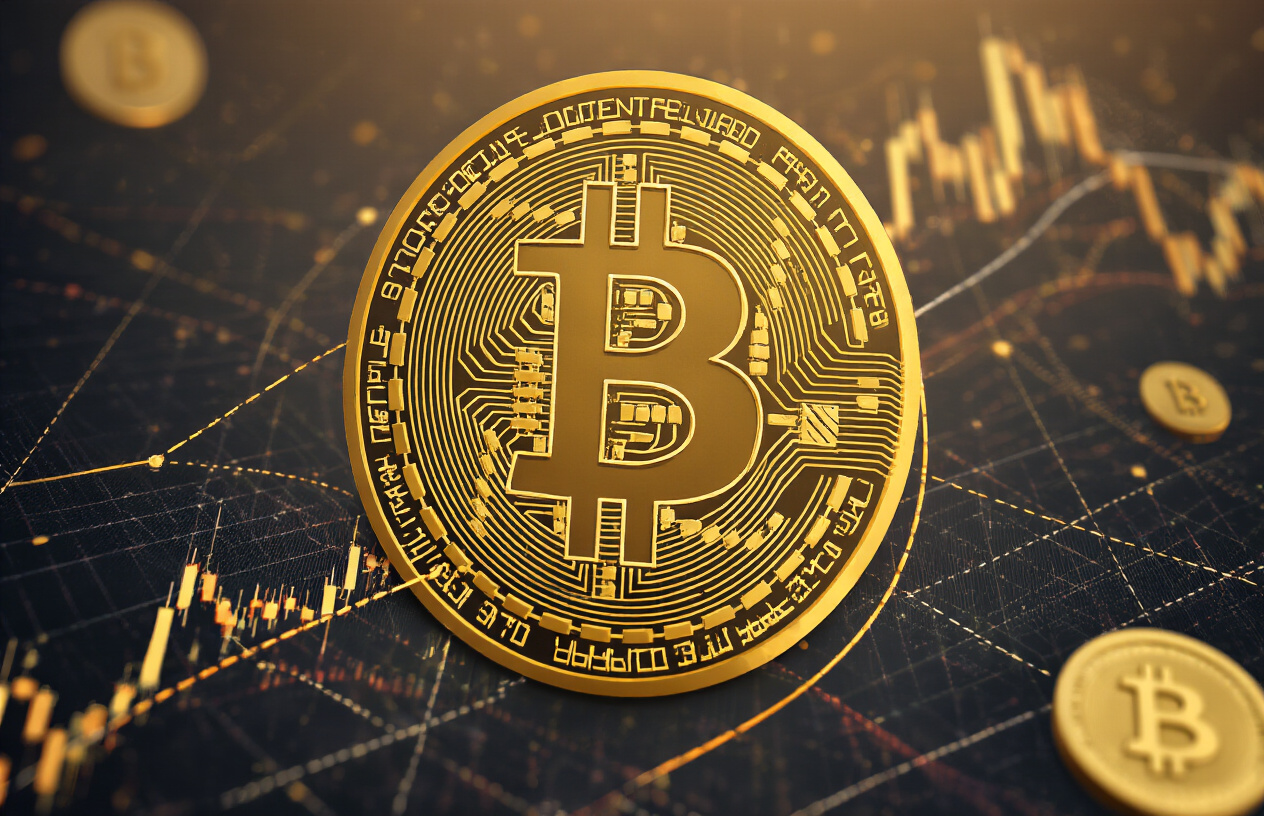 Create a realistic image of a golden spiral overlay on a Bitcoin price chart showing ascending price movements, with mathematical fibonacci ratio lines (1.618, 2.618) marked in gold color intersecting key price peaks and valleys, dark professional financial background with subtle grid patterns, warm golden lighting highlighting the mathematical relationships, clean modern analytical atmosphere with geometric precision, Bitcoin symbol subtly integrated into the corner, absolutely NO text should be in the scene.