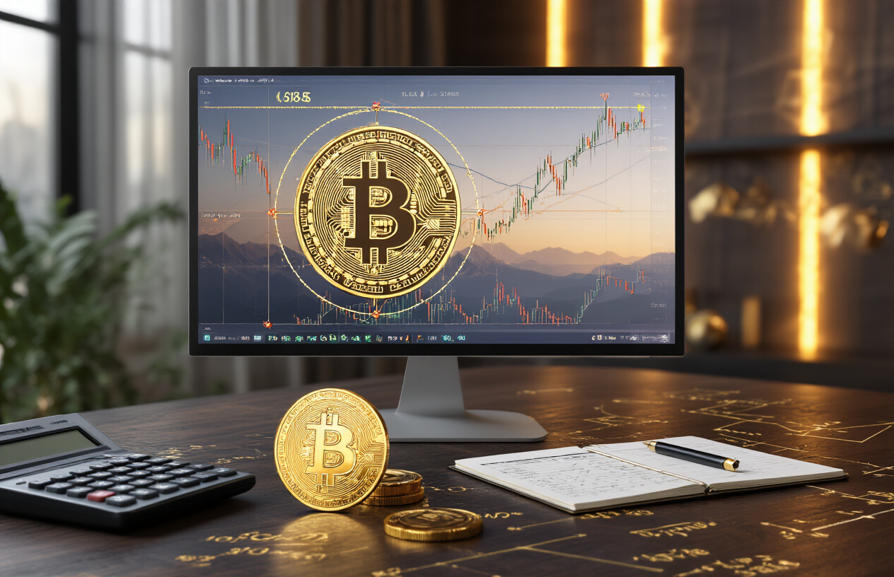 Create a realistic image of a sleek modern financial analysis workspace featuring a large computer monitor displaying Bitcoin price charts with golden ratio mathematical spiral overlays and Fibonacci retracement levels, surrounded by mathematical formulas and geometric patterns in gold color, with a physical Bitcoin coin placed on a dark wooden desk, warm ambient lighting creating a professional analytical atmosphere, and a calculator and notepad nearby showing mathematical calculations. Absolutely NO text should be in the scene.