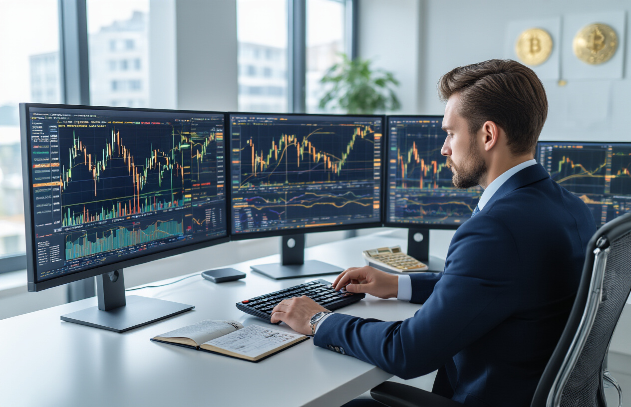 Create a realistic image of a modern financial trading workspace with multiple computer monitors displaying Bitcoin price charts, golden ratio fibonacci retracements, and technical analysis tools, a white male trader in business attire analyzing data with a calculator and notebook on a sleek desk, professional office environment with soft natural lighting from large windows, clean minimalist background with subtle blue and gold color scheme, absolutely NO text should be in the scene.