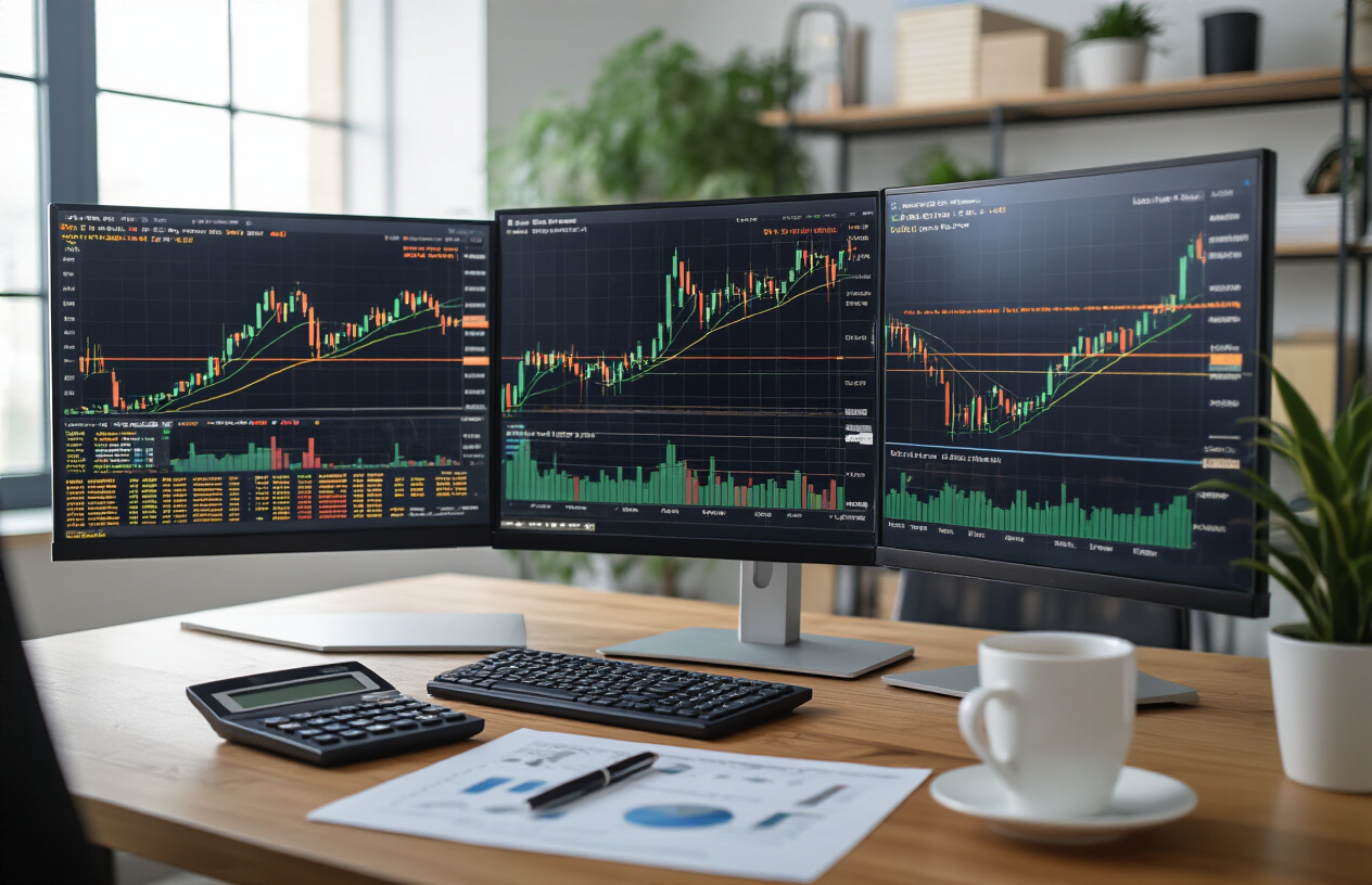 Create a realistic image of multiple computer monitors displaying Bitcoin price charts with golden ratio fibonacci retracement lines overlaid, showing historical performance data and case study analysis, with a professional trading desk setup including a calculator, financial documents, and coffee cup, set in a modern office environment with soft natural lighting from a window, creating a focused analytical atmosphere. Absolutely NO text should be in the scene.