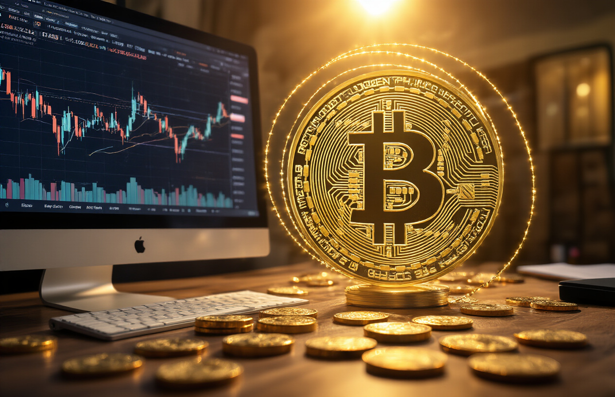 Create a realistic image of a golden spiral overlay superimposed on a Bitcoin price chart displayed on a modern computer monitor, with cryptocurrency coins scattered around the desk, warm golden lighting illuminating the scene from the side, creating a professional trading environment that suggests analytical conclusion and market insights, absolutely NO text should be in the scene.