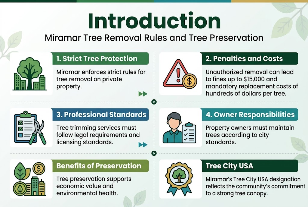 Create a full-bleed professional infographic in a 3:2 aspect ratio with a clean modern civic style, using deep green, teal, white, light gray, and gold accents. Use a bold top heading spanning the width: "Introduction". Place a smaller subtitle beneath it: "Miramar Tree Removal Rules and Tree Preservation". Use a wide horizontal layout with four main content blocks across the center and lower section, each with a clear icon and numbered label. Top left block: - A city tree silhouette icon in green - Heading: "1. Strict Tree Protection" - Body text: "Miramar enforces strict rules for tree removal on private property." Top right block: - A warning triangle icon with a dollar sign in red and gold - Heading: "2. Penalties and Costs" - Body text: "Unauthorized removal can lead to fines up to $15,000 and mandatory replacement costs of hundreds of dollars per tree." Middle left block: - A clipboard and pruning shears icon in blue and green - Heading: "3. Professional Standards" - Body text: "Tree trimming services must follow legal requirements and licensing standards." Middle right block: - A homeowner and checklist icon in teal - Heading: "4. Owner Responsibilities" - Body text: "Property owners must maintain trees according to city standards." Bottom left wide block: - A leaf, coin, and eco-friendly city icon in green and gold - Heading: "Benefits of Preservation" - Body text: "Tree preservation supports economic value and environmental health." Bottom right wide block: - A medal badge icon with a tree in the center - Heading: "Tree City USA" - Body text: "Miramar’s Tree City USA designation reflects the community’s commitment to a strong tree canopy." Use clear hierarchy with bold white headings inside colored section bars, readable sans-serif typography, subtle grid lines or soft dividers between blocks, and small accent arrows or bullet markers. Include minimal decorative tree leaves in the background, kept light and unobtrusive. Make the layout balanced, spacious, and highly readable, with no borders or poster frame.