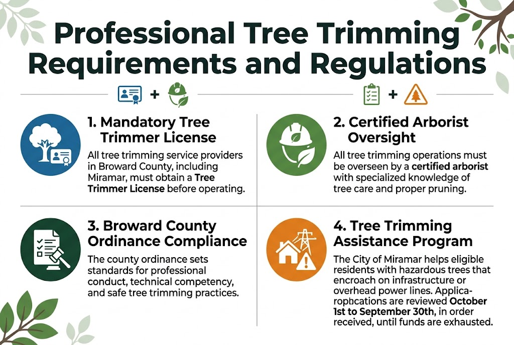 Create a clean, professional full-bleed infographic in 3:2 aspect ratio with a white background, deep green and blue accents, and dark charcoal text. Use a modern sans-serif font with bold hierarchy. Place a large bold title across the top: "Professional Tree Trimming Requirements and Regulations" Below the title, arrange four wide horizontal sections in a two-by-two grid with clear dividers, not a narrow vertical stack. Each section should have a colored icon on the left, a bold section heading, and short body text. Section 1, top left: a blue circular icon with a tree and a license badge. Heading text: "1. Mandatory Tree Trimmer License" Body text: "All tree trimming service providers in Broward County, including Miramar, must obtain a Tree Trimmer License before operating." Section 2, top right: a green circular icon with a certified arborist hard hat and leaf. Heading text: "2. Certified Arborist Oversight" Body text: "All tree trimming operations must be overseen by a certified arborist with specialized knowledge of tree care and proper pruning." Section 3, bottom left: a dark green circular icon with a document, checklist, and gavel. Heading text: "3. Broward County Ordinance Compliance" Body text: "The county ordinance sets standards for professional conduct, technical competency, and safe tree trimming practices." Section 4, bottom right: an orange circular icon with a house, power line, and warning tree symbol. Heading text: "4. Tree Trimming Assistance Program" Body text: "The City of Miramar helps eligible residents with hazardous trees that encroach on infrastructure or overhead power lines. Applications are reviewed October 1st to September 30th, in order received, until funds are exhausted." Add small visual markers beneath the title: a license icon, a certified arborist icon, a checklist icon, and a warning tree icon, aligned horizontally. Use subtle leaf and branch graphics in the background corners. Keep spacing balanced, with clean edges, strong contrast, and a polished municipal/public-service infographic style.