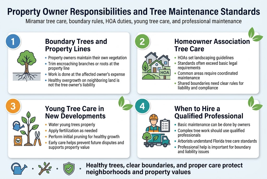 Create a full-bleed professional infographic illustration in a 3:2 aspect ratio, wide horizontal layout, clean municipal-style design, no border frame, no centered vertical poster stack. Use a light background with blue, green, and gray accents, crisp sans-serif fonts, bold hierarchy, and simple flat vector icons. TOP HEADER, spanning full width: Large bold title text: "Property Owner Responsibilities and Tree Maintenance Standards" Small subtitle beneath: "Miramar tree care, boundary rules, HOA duties, young tree care, and professional maintenance" MAIN LAYOUT: four wide horizontal content blocks arranged in a 2x2 grid, each with a numbered badge, icon, heading, and short bullet points. BLOCK 1, top left: Blue circular number badge "1" Icon: tree with roots crossing a property line Heading: "Boundary Trees and Property Lines" Bullets: "Property owners maintain their own vegetation" "Trim encroaching branches or roots at the property line" "Work is done at the affected owner’s expense" "Healthy overgrowth on neighboring land is not the tree owner’s liability" BLOCK 2, top right: Green circular number badge "2" Icon: neighborhood homes with a small HOA sign and landscape leaves Heading: "Homeowner Association Tree Care" Bullets: "HOAs set landscaping guidelines" "Standards often exceed basic legal requirements" "Common areas require coordinated maintenance" "Shared boundaries need clear rules for liability and compliance" BLOCK 3, bottom left: Orange circular number badge "3" Icon: young sapling with watering can, fertilizer bag, and pruning shears Heading: "Young Tree Care in New Developments" Bullets: "Water young trees properly" "Apply fertilization as needed" "Perform initial pruning for healthy growth" "Early care helps prevent future disputes and supports property value" BLOCK 4, bottom right: Teal circular number badge "4" Icon: professional arborist with helmet, clipboard, and tree service truck Heading: "When to Hire a Qualified Professional" Bullets: "Basic maintenance can be done by owners" "Complex tree work should use qualified professionals" "Arborists understand Florida tree care standards" "Professional help is important for boundary and liability issues" BOTTOM STRIP across full width: A thin horizontal summary band with three small icons separated by dots: watering can, trimmed branch, and shield/checkmark. Bold text: "Healthy trees, clear boundaries, and proper care protect neighborhoods and property values" STYLE DETAILS: Use dark navy headings, medium-gray body text, white section cards with subtle shadows, green leaf accents, and clean modern infographic spacing. Keep all text legible and concise. Use simple line icons with colored fills. Align content evenly across the wide layout.