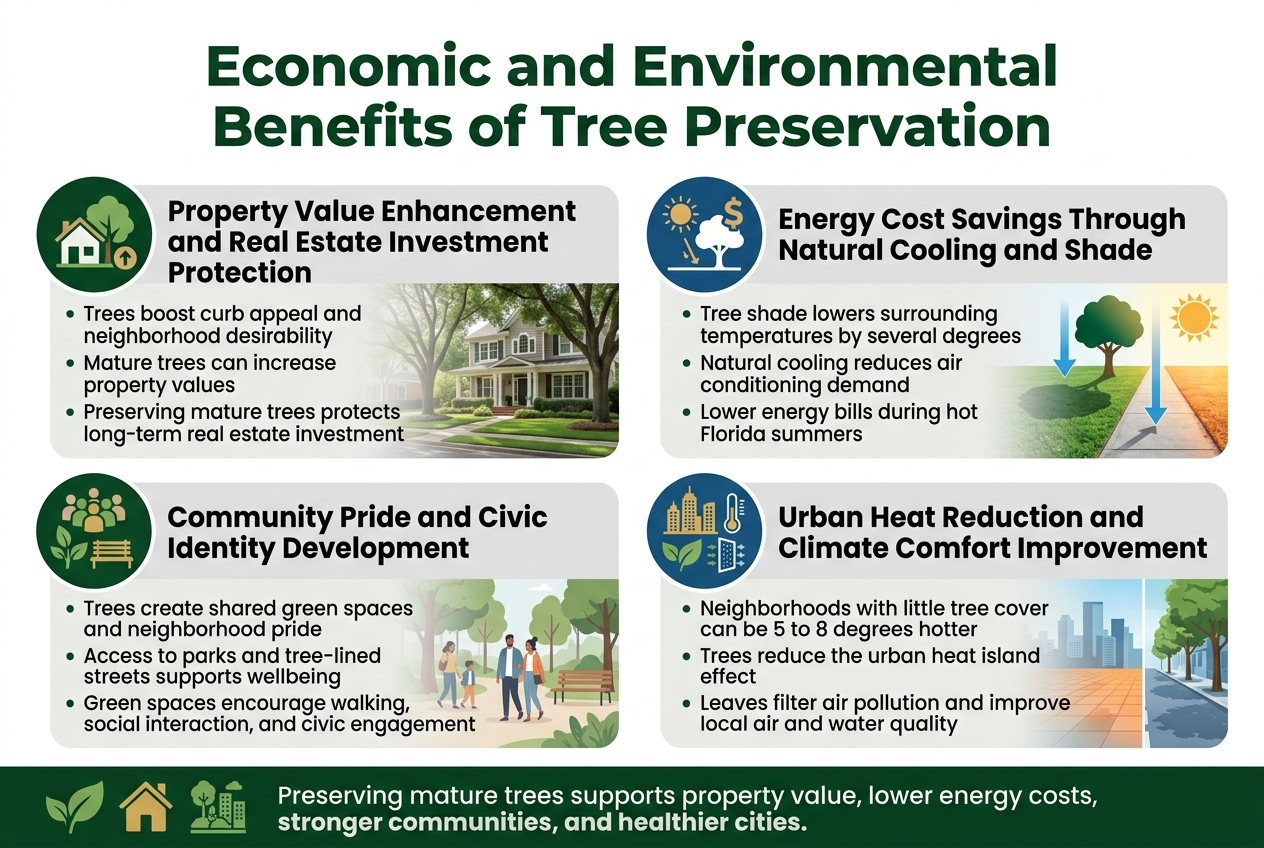 Create a full-bleed professional infographic in a 3:2 aspect ratio with a clean modern layout, white background, forest green, deep blue, warm gold, and soft gray accents, bold sans-serif fonts, and strong visual hierarchy. Top center: large bold title in dark green, exact text: "Economic and Environmental Benefits of Tree Preservation" Below the title, arrange four wide horizontal content blocks in a 2x2 grid with clear spacing, each block containing a colored circular icon on the left, a bold subheading, and 2–3 short bullet points. 1) Top left block: use a house and tree icon with a small upward arrow. Subheading exact text: "Property Value Enhancement and Real Estate Investment Protection" Bullets exact text: "Trees boost curb appeal and neighborhood desirability" "Mature trees can increase property values" "Preserving mature trees protects long-term real estate investment" Add a subtle background image of a well-kept home with large shade trees. 2) Top right block: use a sun, shade tree, and dollar sign icon. Subheading exact text: "Energy Cost Savings Through Natural Cooling and Shade" Bullets exact text: "Tree shade lowers surrounding temperatures by several degrees" "Natural cooling reduces air conditioning demand" "Lower energy bills during hot Florida summers" Add a small visual of cooler shaded lawn beside a hot sunlit sidewalk, with blue temperature arrows downward. 3) Bottom left block: use a group of people, leaves, and park bench icon. Subheading exact text: "Community Pride and Civic Identity Development" Bullets exact text: "Trees create shared green spaces and neighborhood pride" "Access to parks and tree-lined streets supports wellbeing" "Green spaces encourage walking, social interaction, and civic engagement" Add a subtle illustration of residents walking in a tree-lined park. 4) Bottom right block: use a city skyline, thermometer, leaf, and air filter icon. Subheading exact text: "Urban Heat Reduction and Climate Comfort Improvement" Bullets exact text: "Neighborhoods with little tree cover can be 5 to 8 degrees hotter" "Trees reduce the urban heat island effect" "Leaves filter air pollution and improve local air and water quality" Add a split visual showing a hot paved city area versus a cooler shaded street with trees, with cool blue and warm orange contrast. Bottom strip across the full width: include a slim summary banner in deep green with white text and three small icons of a leaf, house, and city park. Exact text: "Preserving mature trees supports property value, lower energy costs, stronger communities, and healthier cities." Use clean alignment, simple flat vector style, crisp lines, balanced spacing, and readable text sized for infographic clarity. No people close-ups, no clutter, no ornate frame, no vertical poster layout.