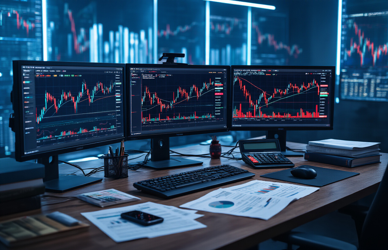 Create a realistic image of a modern trading desk setup with multiple computer monitors displaying cryptocurrency charts and trading interfaces, showing red downward price arrows and liquidation indicators, with trading books and financial documents scattered on the desk, a calculator and smartphone nearby, in a dimly lit professional office environment with cool blue lighting from the screens, capturing the intense atmosphere of financial trading mechanics. Absolutely NO text should be in the scene.