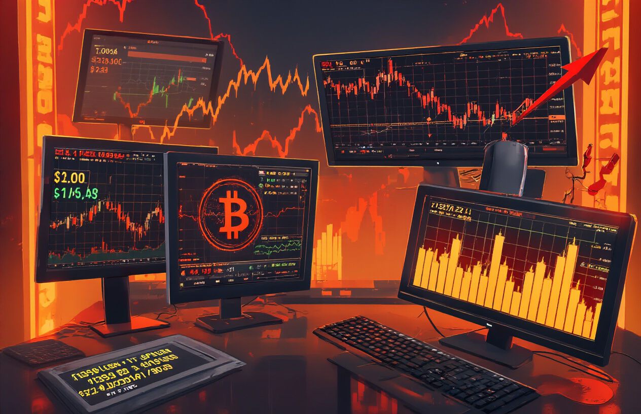 Create a realistic image of financial market pressure gauges, red warning indicators, and upward trending arrows on multiple digital trading screens displaying cryptocurrency charts with Bitcoin symbols, surrounded by intense orange and red lighting suggesting market volatility and stress, with computer monitors showing liquidation data and short position metrics in a modern trading room environment. Absolutely NO text should be in the scene.