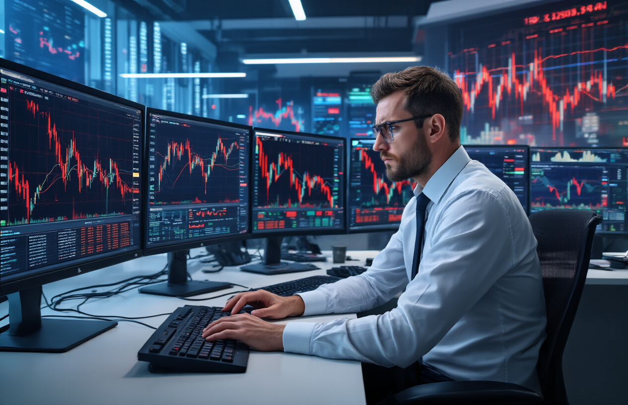Create a realistic image of a dynamic financial trading floor scene with multiple computer monitors displaying Bitcoin price charts with dramatic red downward arrows and volatile candlestick patterns, trading desks with keyboards and financial data screens, a white male trader in business attire looking intensely at screens showing market movements, dark modern office environment with blue and red lighting from monitors creating a tense atmosphere, financial graphs and data visualizations floating in the background, emphasizing market volatility and price impact dynamics, Absolutely NO text should be in the scene.