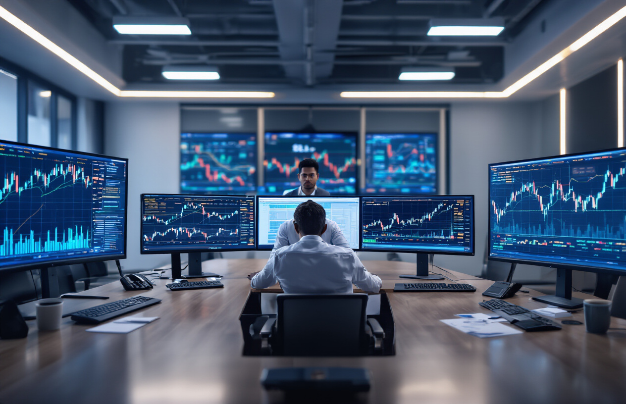 Create a realistic image of a diverse group of traders including a white male, black female, and Asian male sitting around a modern conference table in a sleek office environment, analyzing multiple computer screens displaying cryptocurrency charts and trading data, with focus on their intense concentration as they develop trading strategies, illuminated by cool blue LED lighting from the monitors and warm overhead office lighting, creating a professional yet dynamic atmosphere that conveys strategic planning and market analysis, absolutely NO text should be in the scene.