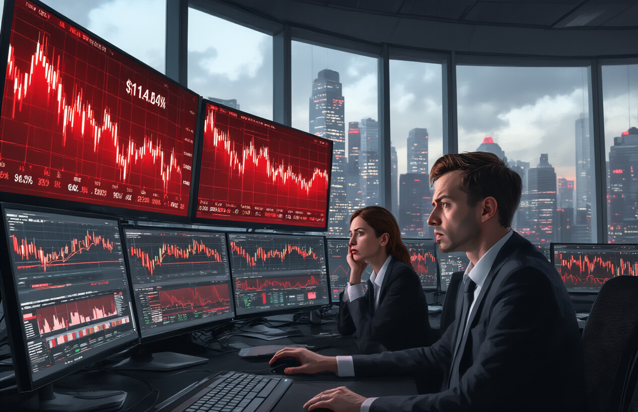 Create a realistic image of a modern financial trading floor with multiple computer monitors displaying red downward-trending Bitcoin price charts and liquidation data, stressed white male and female traders in business attire looking concerned while analyzing the volatile cryptocurrency market, dramatic lighting with red glow from screens reflecting on their faces, sleek black desks with high-tech equipment, city skyline visible through large windows in the background creating a tense corporate atmosphere, absolutely NO text should be in the scene.