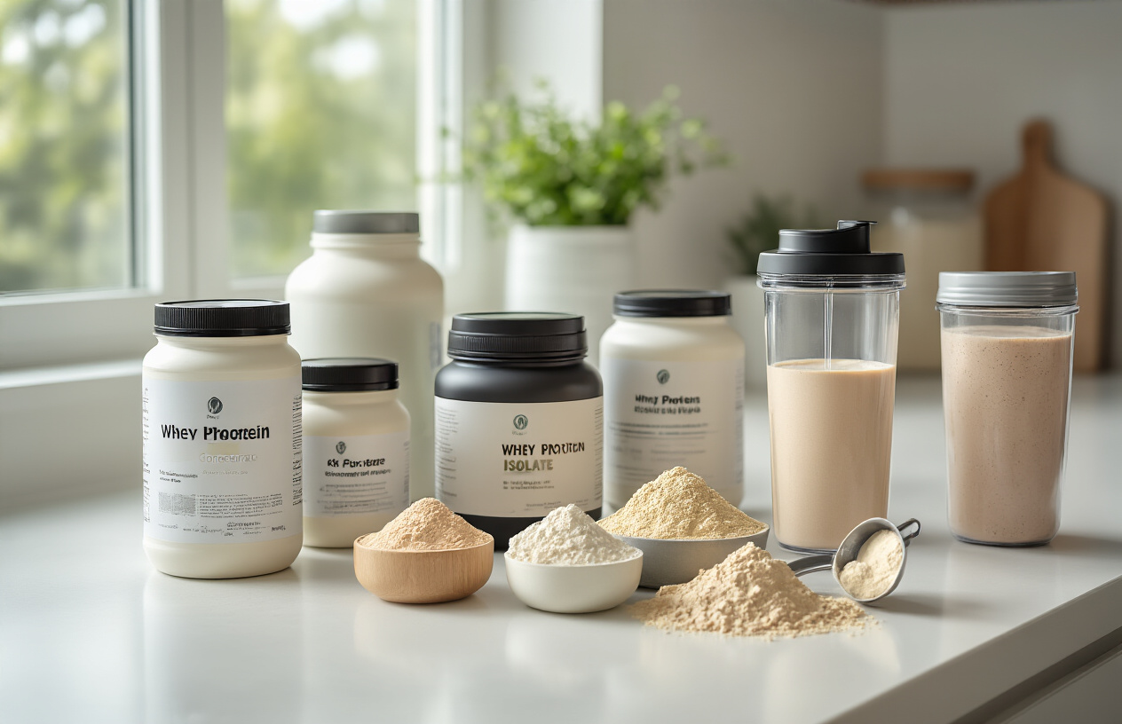 Create a realistic image of various whey protein powder containers and tubs arranged on a clean white kitchen counter, showing different types including whey concentrate, isolate, and hydrolyzed protein with visible scoops of powder in different shades from cream to light brown, alongside a glass shaker bottle filled with mixed protein shake, set against a modern kitchen background with soft natural lighting from a window, creating a health and fitness focused atmosphere. Absolutely NO text should be in the scene.