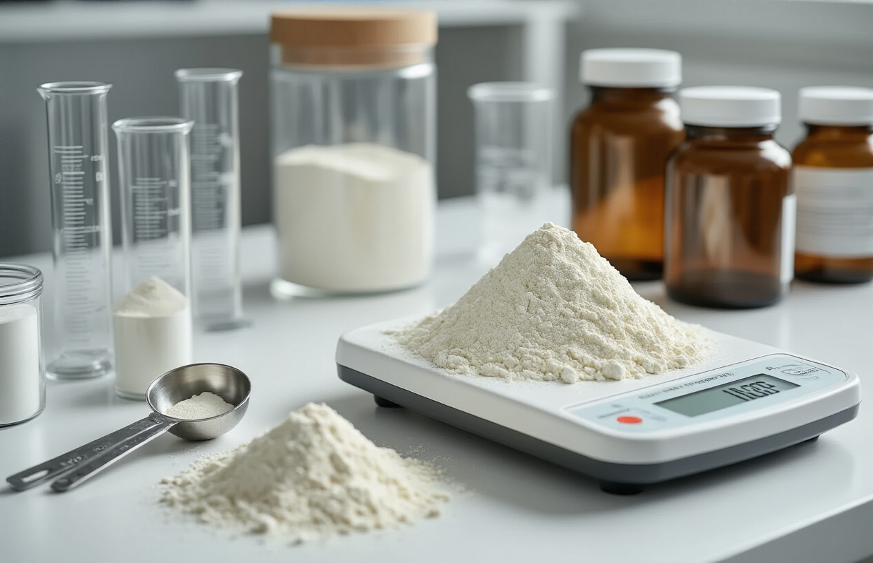 Create a realistic image of a clean, modern laboratory or research setting with a digital scale measuring white protein powder, scientific measuring tools like graduated cylinders and measuring spoons arranged on a white laboratory bench, with protein powder containers and supplement bottles in the background, soft professional lighting illuminating the scene, creating a clinical and scientific atmosphere that conveys precision and research-backed methodology, absolutely NO text should be in the scene.