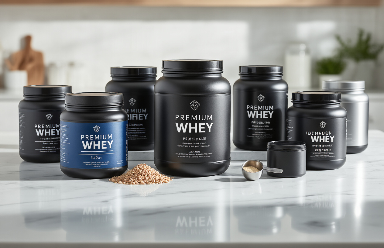 Create a realistic image of multiple premium whey protein powder containers and tubs of various sizes arranged on a clean white marble countertop, featuring different high-end brand packaging in sleek black, blue, and silver designs, with some containers having measuring scoops beside them, soft natural lighting from above creating subtle shadows, modern kitchen or supplement store background slightly blurred, professional product photography style composition, absolutely NO text should be in the scene.