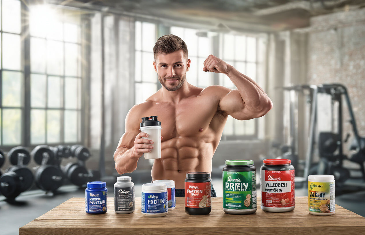 Create a realistic image of a muscular white male athlete in a modern gym setting, holding a protein shaker bottle in one hand while flexing his bicep with the other arm, surrounded by various whey protein powder containers and supplement bottles arranged on a wooden counter, with gym equipment like dumbbells and barbells blurred in the background, bright natural lighting streaming through large windows creating an energetic and motivational atmosphere, absolutely NO text should be in the scene.