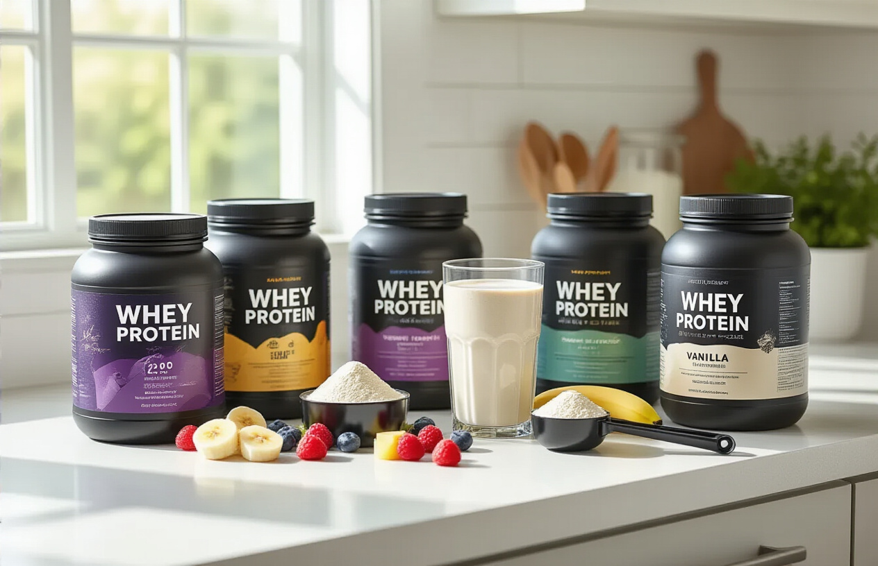 Create a realistic image of multiple whey protein powder containers and scoops arranged on a clean white kitchen counter, featuring different brands and flavors of protein powder tubs with colorful labels, measuring scoops filled with white and vanilla-colored protein powder, a glass of prepared protein shake, fresh fruits like berries and banana slices as complementary elements, bright natural lighting from a window creating soft shadows, clean modern kitchen background with neutral tones, composition suggesting comparison and selection of the best products, absolutely NO text should be in the scene.
