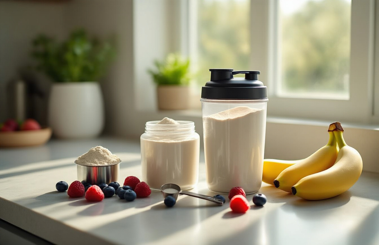 Create a realistic image of a clean, modern kitchen counter with an open container of whey protein powder, a filled protein shaker bottle, a measuring scoop, and fresh fruits like berries and a banana arranged nearby, with soft natural lighting from a window creating a healthy, wellness-focused atmosphere, Absolutely NO text should be in the scene.