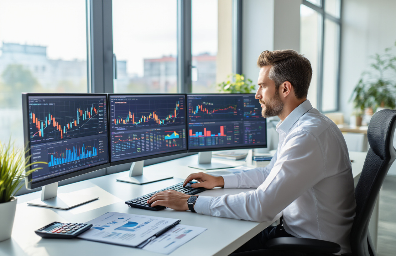 Create a realistic image of a professional white male real estate analyst in a modern office setting, sitting at a sleek desk with multiple computer monitors displaying colorful market charts, graphs, and property data analytics, surrounded by printed market reports and pricing documents, with a calculator and notepad nearby, bright natural lighting from large windows, clean contemporary office environment with neutral colors, focused work atmosphere. Absolutely NO text should be in the scene.