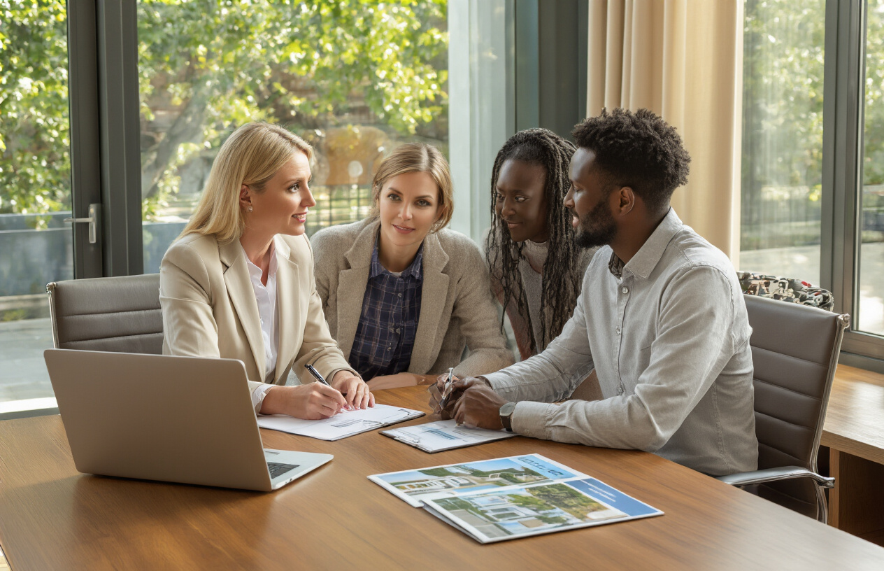 Create a realistic image of a professional white female real estate agent in a modern office setting sitting across from a diverse couple (black male and white female clients) at a polished wooden desk, with the agent actively listening and taking notes while the clients appear engaged in conversation, surrounded by warm natural lighting from large windows, with subtle real estate materials like property brochures and a laptop visible on the desk, creating an atmosphere of trust and personal attention, absolutely NO text should be in the scene.
