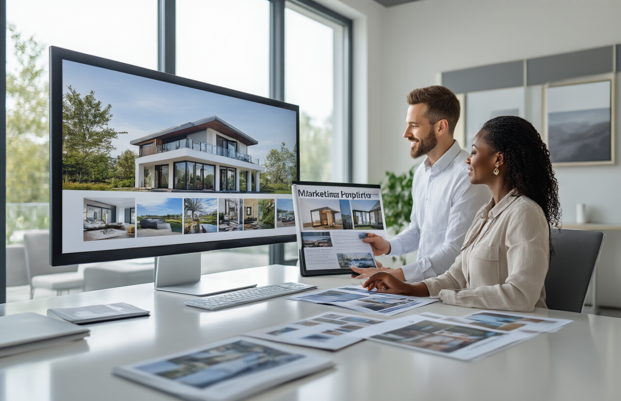 Create a realistic image of a modern real estate office with a white male agent presenting marketing materials to a black female homeowner, showing property brochures, professional photography samples, and digital marketing displays on a large monitor, with a clean contemporary office interior, natural lighting from large windows, professional atmosphere with marketing collateral spread across a polished conference table, bright and welcoming mood conveying expertise and comprehensive service, absolutely NO text should be in the scene.