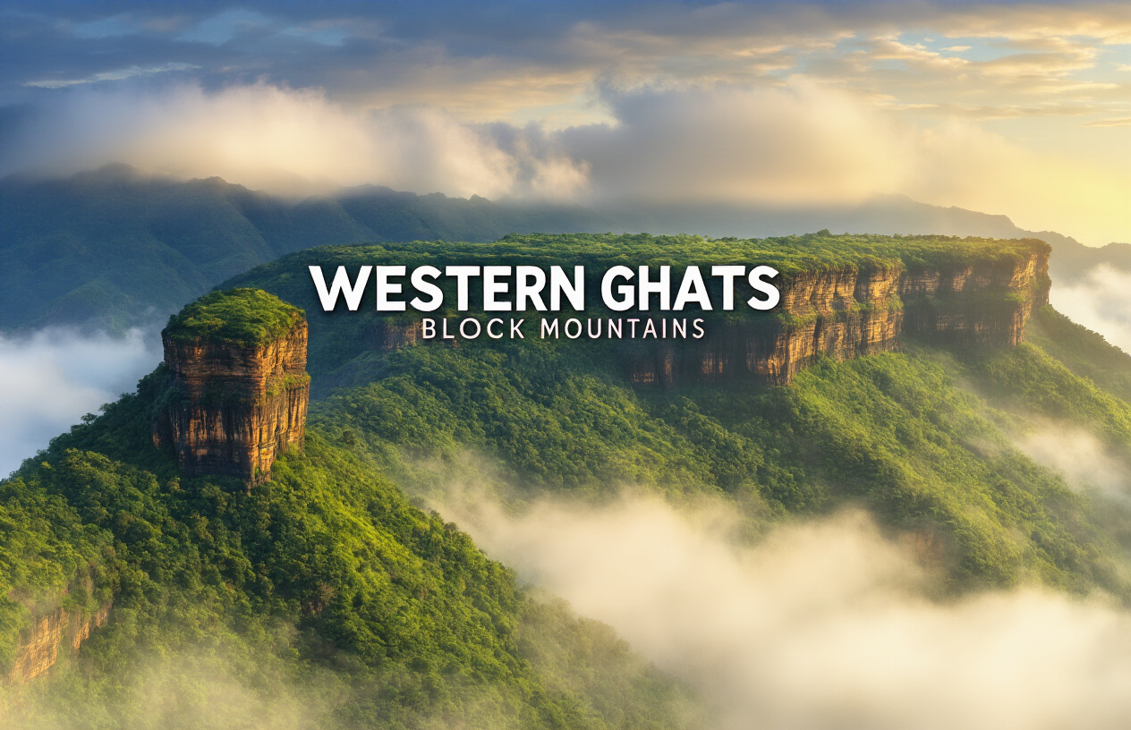 Create a realistic image of the Western Ghats mountain range in India showing dramatic cliff-like escarpments and flat-topped plateaus characteristic of block mountains, with layered rock formations visible on the mountainsides, lush green vegetation covering the slopes, misty clouds surrounding the peaks, golden hour lighting creating warm shadows across the landscape, and bold white text overlay reading "WESTERN GHATS BLOCK MOUNTAINS" positioned in the upper portion of the image.