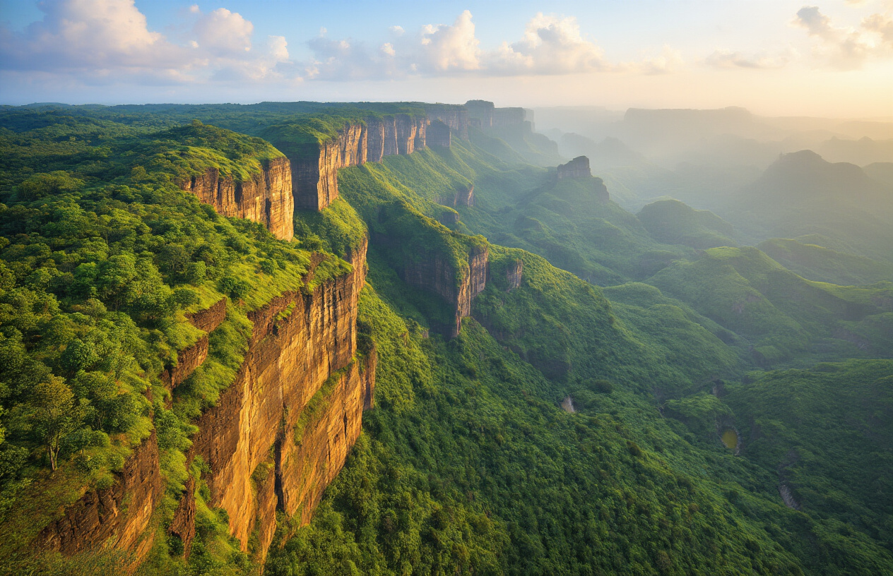 Create a realistic image of the Western Ghats mountain range in India showing its distinctive block mountain formation with steep escarpments and flat-topped plateaus, captured during golden hour with warm sunlight illuminating the rugged cliff faces, lush green vegetation covering the slopes, and a clear sky with some scattered clouds, showcasing the geological structure that defines these ancient mountains as fault-block formations, with deep valleys and dramatic elevation changes visible in the landscape, shot from an elevated viewpoint that emphasizes the linear arrangement and stepped appearance of the mountain blocks, Absolutely NO text should be in the scene.