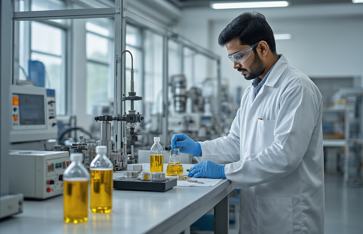 Create a realistic image of an Indian industrial laboratory setting with hydraulic oil testing equipment on a clean workbench, including oil sample bottles, testing instruments, and laboratory apparatus, with an Indian male technician in safety gear conducting oil analysis, featuring modern industrial facility background with machinery visible through windows, professional lighting with natural daylight streaming in, cost-effective testing tools and equipment prominently displayed, clean organized workspace atmosphere. Absolutely NO text should be in the scene.