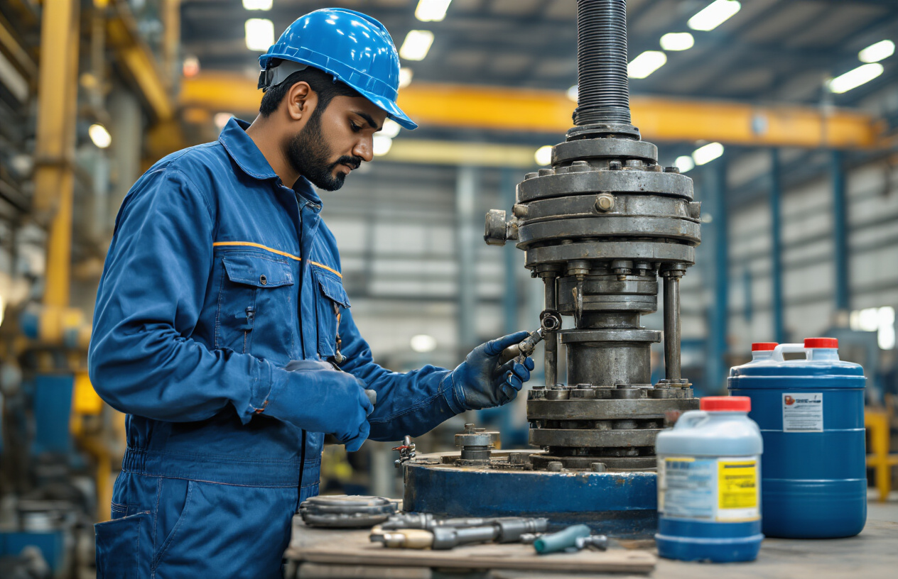 Create a realistic image of an Indian male technician in blue coveralls performing preventive maintenance on a large industrial hydraulic system, carefully checking hydraulic oil levels through a sight gauge, with clean hydraulic oil containers and maintenance tools organized nearby, modern industrial facility background with proper lighting, professional maintenance environment showing attention to detail and cleanliness, warm industrial lighting creating a focused work atmosphere, absolutely NO text should be in the scene.