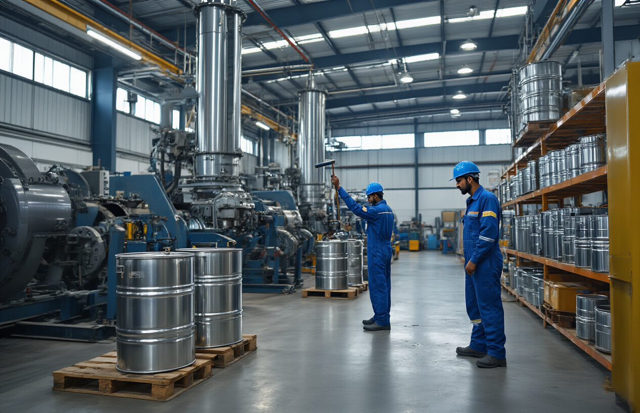 Create a realistic image of a modern industrial facility in India with large hydraulic machinery and equipment, featuring a clean maintenance bay where a South Asian male technician in blue coveralls is checking hydraulic oil levels using a dipstick, with stainless steel oil drums and hydraulic fluid containers neatly organized on metal shelving in the background, bright LED lighting illuminating the workspace, clean concrete floors, and industrial piping systems visible overhead, conveying a professional and well-maintained industrial environment focused on proper hydraulic system maintenance, absolutely NO text should be in the scene.