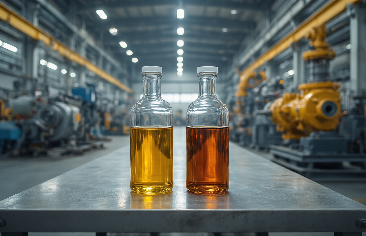 Create a realistic image of two clear glass containers side by side on a clean industrial workbench, one containing golden-amber synthetic hydraulic oil and the other containing darker mineral hydraulic oil, with industrial hydraulic machinery components like pumps, cylinders, and hoses arranged in the background of a modern factory setting, professional lighting highlighting the oil viscosity differences, absolutely NO text should be in the scene.