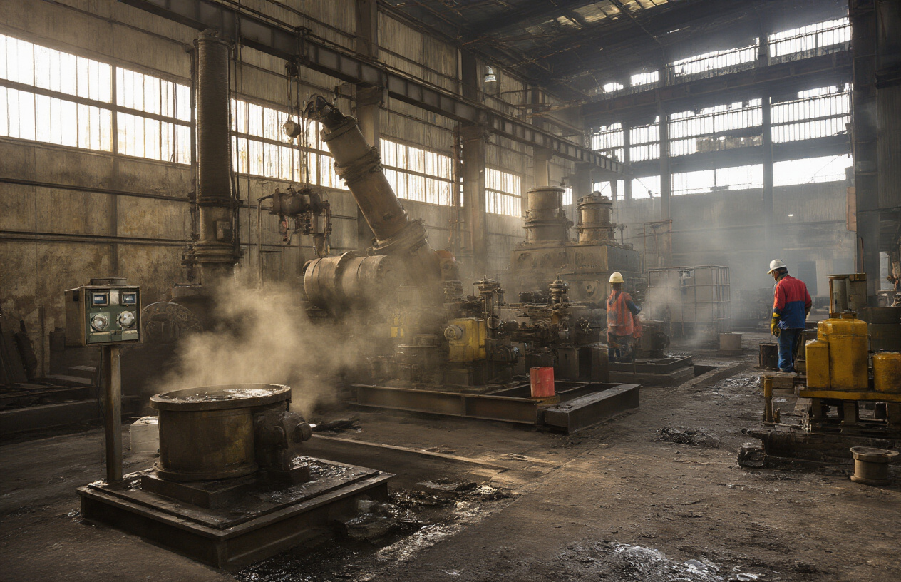 Create a realistic image of industrial hydraulic machinery operating in a hot, dusty Indian factory environment with visible heat waves rising from equipment, heavy-duty hydraulic cylinders and pumps in operation, metal surfaces showing signs of wear from high temperatures and dust accumulation, industrial workers in safety gear monitoring performance gauges and temperature readings, harsh fluorescent lighting mixed with natural sunlight streaming through factory windows, ambient dust particles visible in the air, and hydraulic fluid reservoirs with monitoring equipment nearby, all set against a backdrop of concrete factory floors and steel infrastructure typical of Indian industrial facilities, Absolutely NO text should be in the scene.