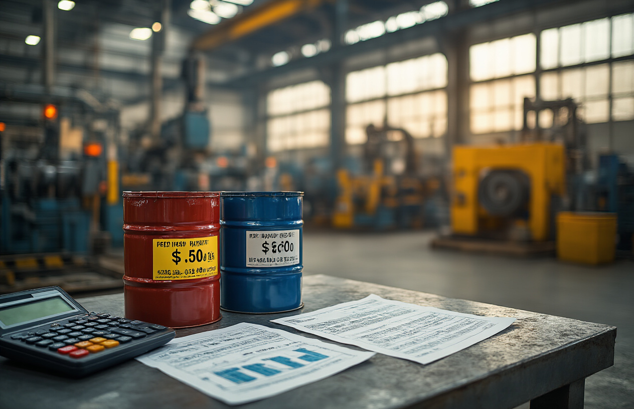Create a realistic image of a modern Indian manufacturing facility floor with industrial machines and hydraulic equipment, featuring a close-up view of two different hydraulic oil containers or barrels labeled with price tags showing cost comparison, with Indian rupee currency symbols visible on calculators and cost analysis charts spread on a metal table, warm industrial lighting illuminating the scene, manufacturing equipment blurred in the background, absolutely NO text should be in the scene.