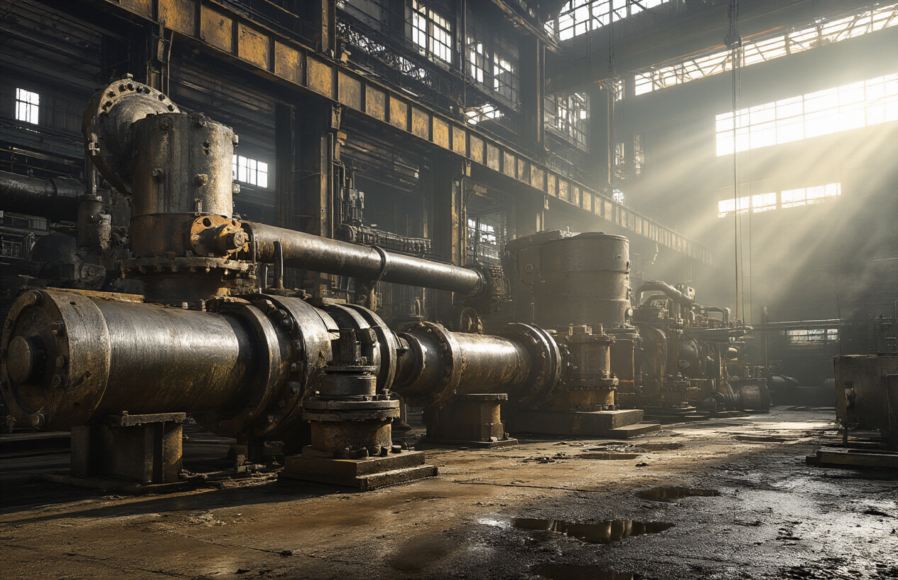 Create a realistic image of heavy industrial machinery including hydraulic pumps, cylinders, and pistons in a large manufacturing facility, showing close-up details of metal components with signs of wear and aging, oil reservoirs and hydraulic fluid lines, with dramatic industrial lighting casting shadows across the equipment, emphasizing the durability and longevity aspects of hydraulic systems in harsh industrial environments, absolutely NO text should be in the scene.