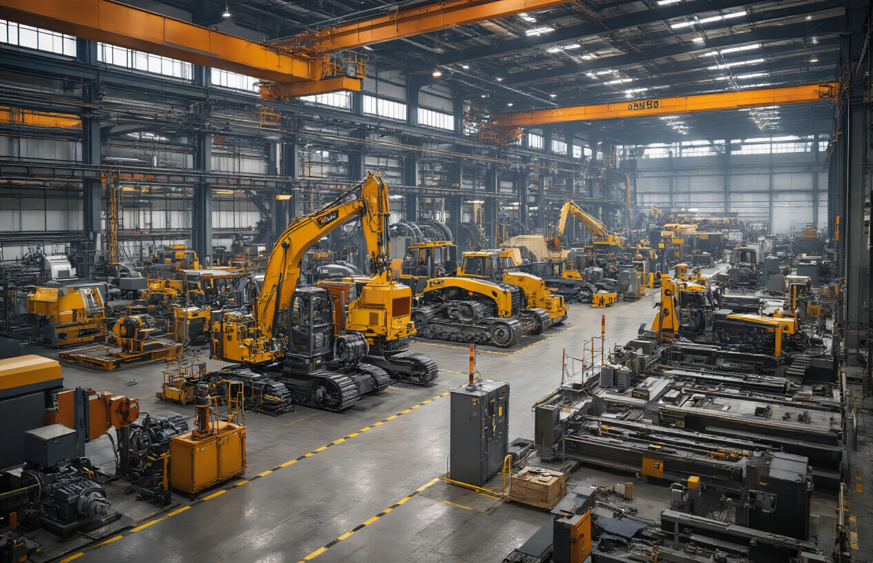 Create a realistic image of various industrial machines and equipment arranged in different factory sections including heavy manufacturing machinery, construction equipment, and automotive assembly lines, with hydraulic systems visibly integrated into the machines, showing different types of industrial applications across sectors like steel manufacturing, mining, and automotive production, set in a modern Indian industrial facility with proper lighting highlighting the mechanical components and hydraulic connections, featuring a clean organized factory floor environment with safety markings and industrial infrastructure, absolutely NO text should be in the scene.