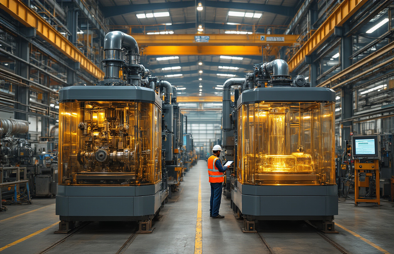 Create a realistic image of two modern industrial hydraulic machines side by side in a large Indian manufacturing facility, with one machine using synthetic hydraulic oil (shown with clean, clear fluid in transparent reservoir) and another using mineral hydraulic oil (shown with slightly darker fluid), surrounded by industrial equipment, steel pipes, and control panels, with warm industrial lighting highlighting the machinery, Indian male engineer in safety vest examining performance data on a tablet, factory floor with concrete surfaces and overhead industrial lighting, conveying a professional comparison atmosphere, Absolutely NO text should be in the scene.