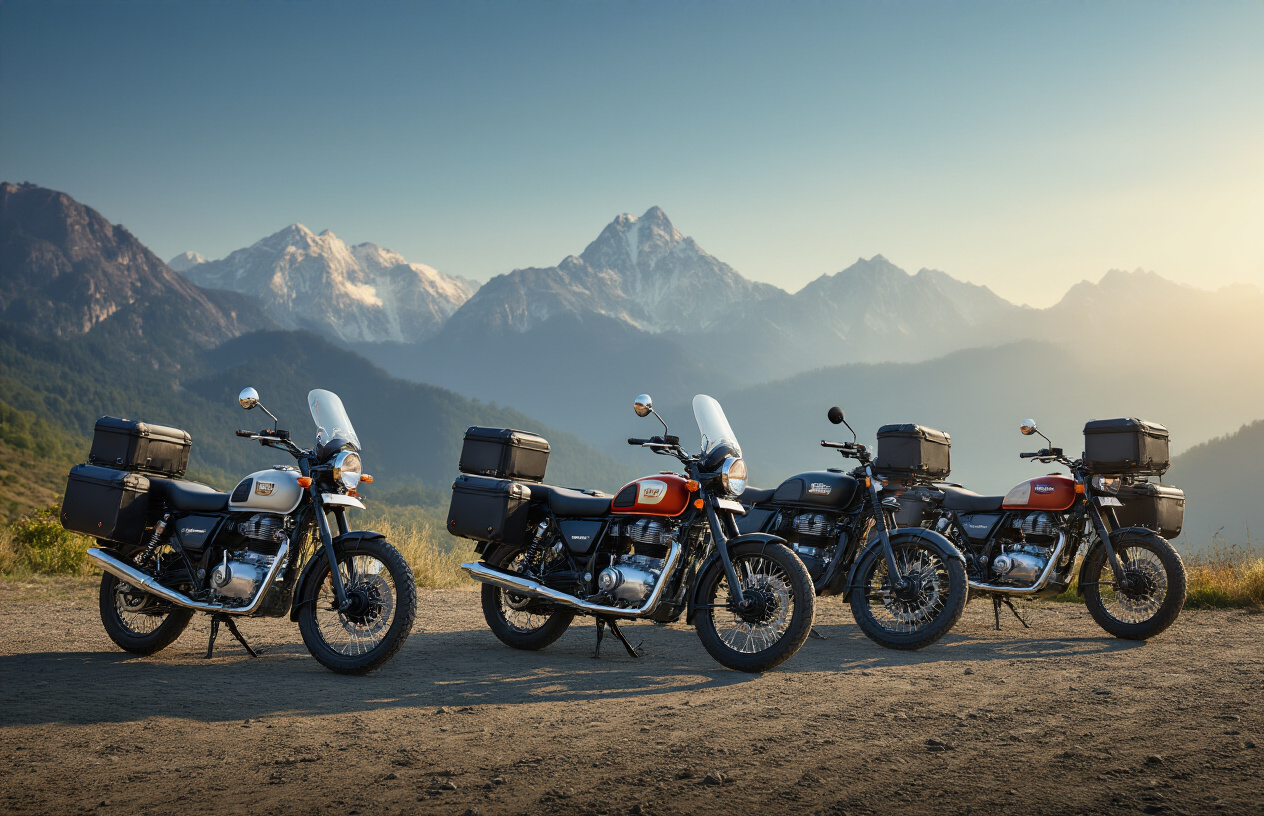 Create a realistic image of multiple Royal Enfield motorcycle models arranged in an outdoor scenic setting with mountains in the background, showcasing different touring-ready bikes like the Himalayan, Classic, and Interceptor models, each equipped with touring accessories such as panniers, windshields, and luggage racks, positioned on a gravel road or adventure trail with natural lighting during golden hour, emphasizing their readiness for long-distance expedition touring, absolutely NO text should be in the scene.