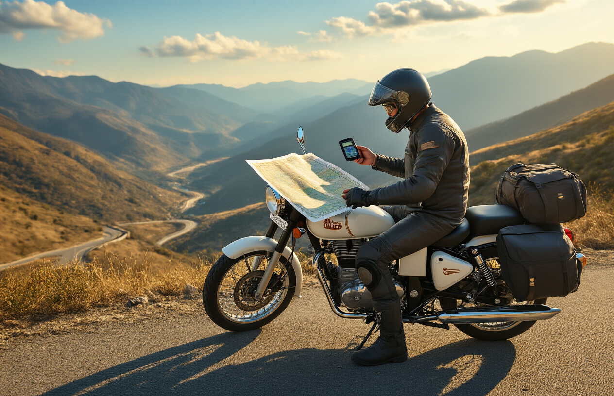 Create a realistic image of a white male motorcyclist wearing riding gear sitting on a Royal Enfield motorcycle parked beside a mountain road, studying a detailed paper map spread across the fuel tank while holding a GPS device in one hand, with winding mountain roads visible in the background, dramatic landscape with hills and valleys, golden hour lighting creating warm shadows, adventure touring atmosphere with panniers and gear visible on the motorcycle, clear blue sky with some clouds, scenic overlook setting that conveys navigation and route planning for motorcycle expedition, absolutely NO text should be in the scene.