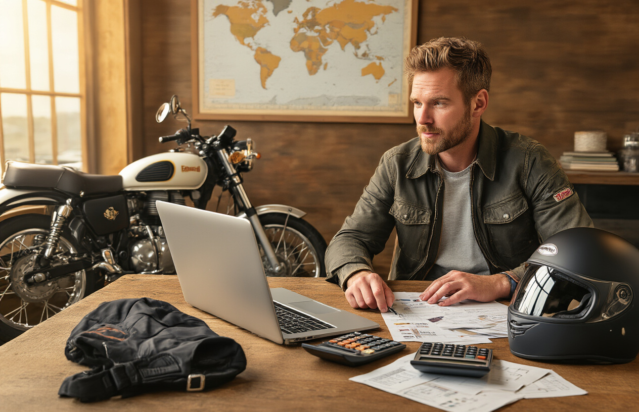 Create a realistic image of a white male rider in casual clothing sitting at a wooden table with a laptop, calculator, and scattered papers showing expense calculations, with Royal Enfield motorcycle gear including helmet and jacket laid nearby, a world map on the wall in the background, warm indoor lighting creating a focused planning atmosphere, absolutely NO text should be in the scene.