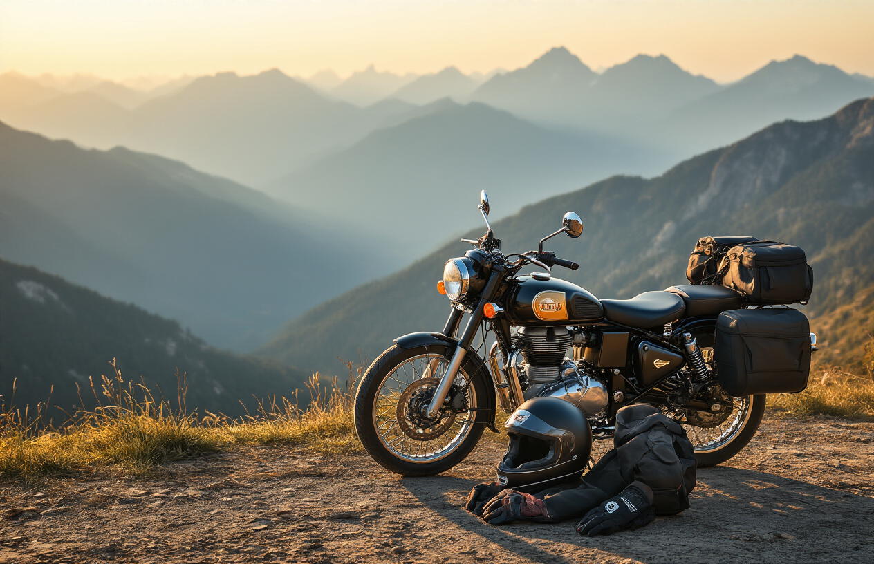 Create a realistic image of a Royal Enfield motorcycle parked at a scenic mountain viewpoint during golden hour, with riding gear including helmet, jacket, and gloves neatly arranged beside the bike, distant mountain ranges creating layers in the background, warm sunlight casting long shadows, adventure touring bags mounted on the motorcycle, a sense of journey completion and accomplishment in the peaceful mountain atmosphere, absolutely NO text should be in the scene.