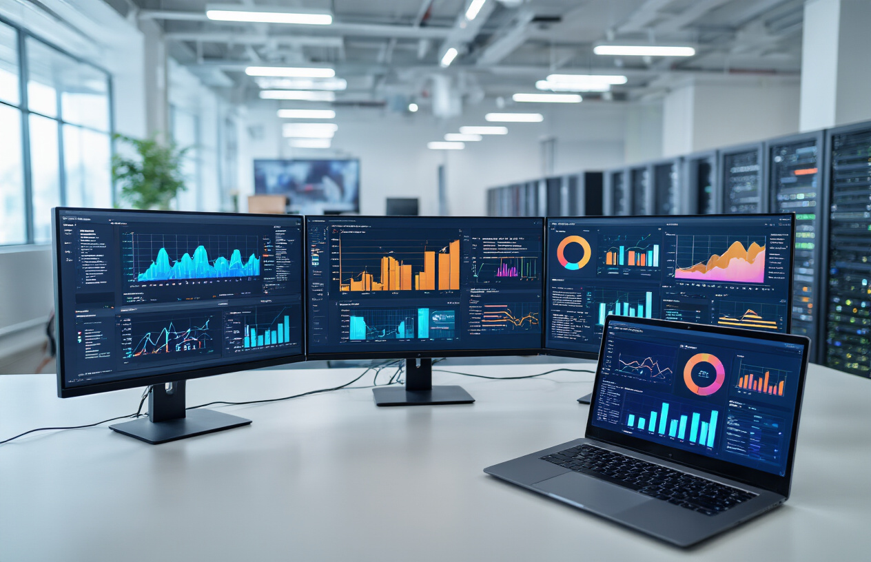Create a realistic image of a modern office environment with multiple computer monitors displaying colorful data visualization dashboards, charts, and analytics graphs, with a sleek laptop open showing search analytics interfaces, surrounded by digital technology elements like servers or data processing units in the background, professional lighting with a clean and organized workspace atmosphere, emphasizing data analysis and artificial intelligence technology concepts. Absolutely NO text should be in the scene.