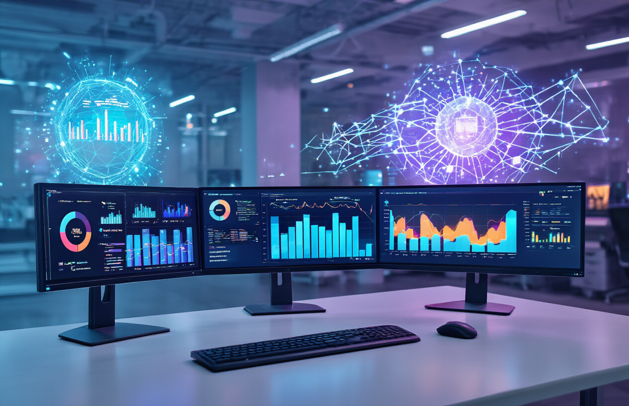 Create a realistic image of a modern digital analytics dashboard displayed on multiple computer monitors showing colorful data visualizations, search trend graphs, and AI-powered analytics interfaces, with sleek futuristic design elements like holographic data projections and glowing neural network patterns in the background, set in a high-tech office environment with ambient blue and purple lighting, absolutely NO text should be in the scene.