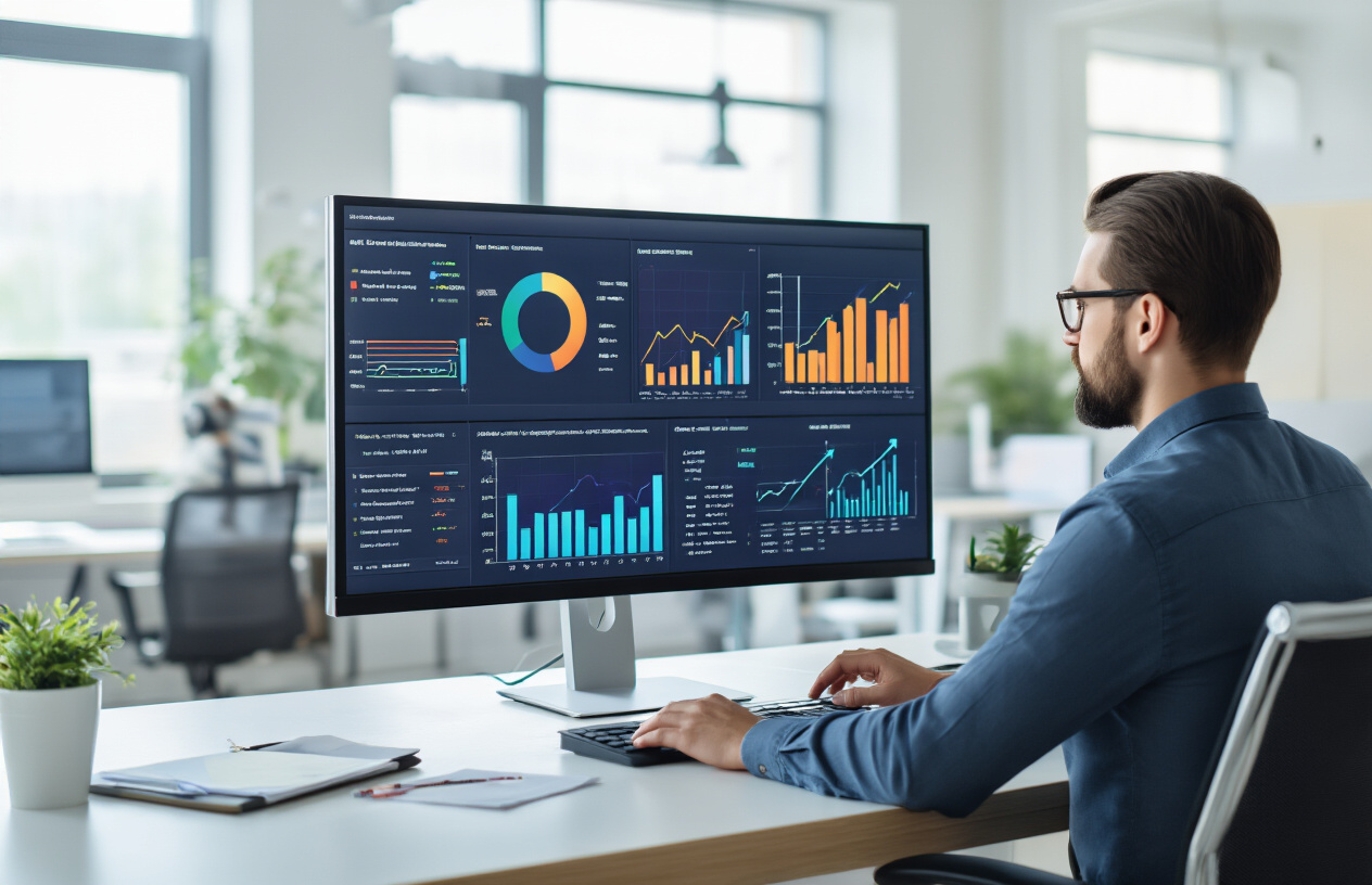 Create a realistic image of a modern office environment with a large computer monitor displaying colorful analytical dashboards and graphs with upward trending arrows, a professional white male data analyst sitting at the desk examining the data, modern office furniture and equipment in the background, bright natural lighting from windows, positive and productive atmosphere with clean corporate aesthetics, absolutely NO text should be in the scene.