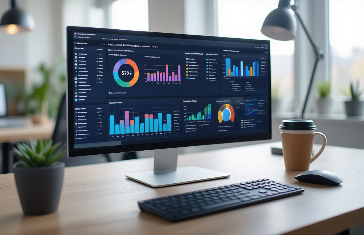 Create a realistic image of a modern office workspace with a computer monitor displaying colorful data analytics dashboards and search result visualizations, featuring charts, graphs, and search metrics, with a clean desk setup including a keyboard, mouse, and coffee cup, professional lighting illuminating the screen, conveying a sense of beginning a new analytical journey, absolutely NO text should be in the scene.
