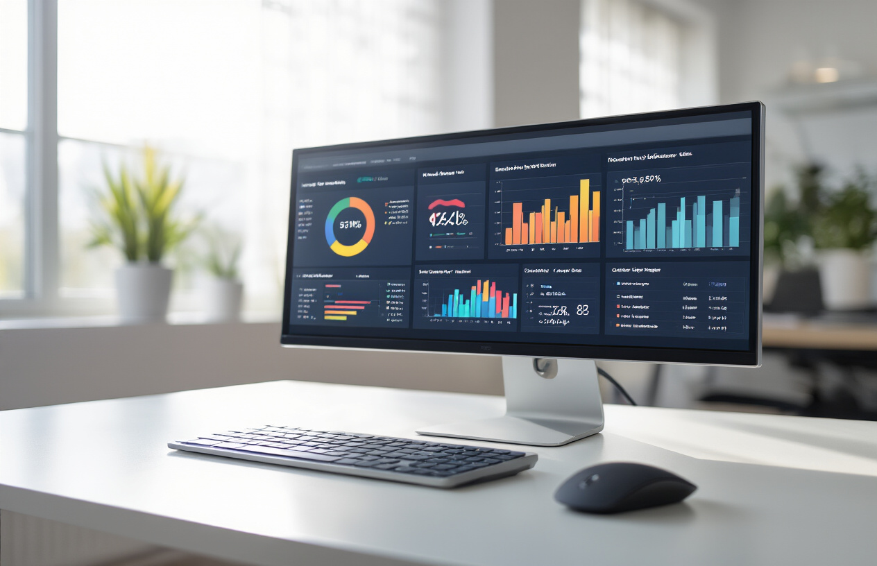 Create a realistic image of a modern digital analytics dashboard displayed on a sleek computer monitor showing colorful data visualizations, graphs, and search metrics, with a clean white desk setup featuring a wireless mouse and keyboard, soft natural lighting from a nearby window creating subtle shadows, professional office environment in the background slightly blurred, conveying innovation and data-driven insights, absolutely NO text should be in the scene.