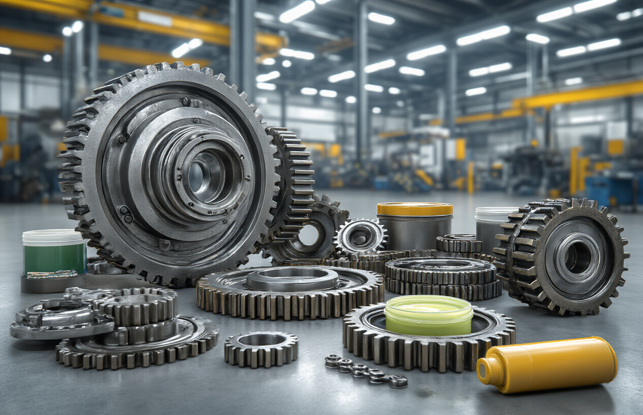 Create a realistic image of various industrial machinery and equipment including gears, bearings, chains, and mechanical components with visible grease application points, showing different types of industrial grease in containers and tubes nearby, set in a modern industrial facility with clean lighting, featuring cross-sectional views of lubricated parts to demonstrate grease benefits, with a professional technical atmosphere and metallic surfaces reflecting ambient workshop lighting, absolutely NO text should be in the scene.